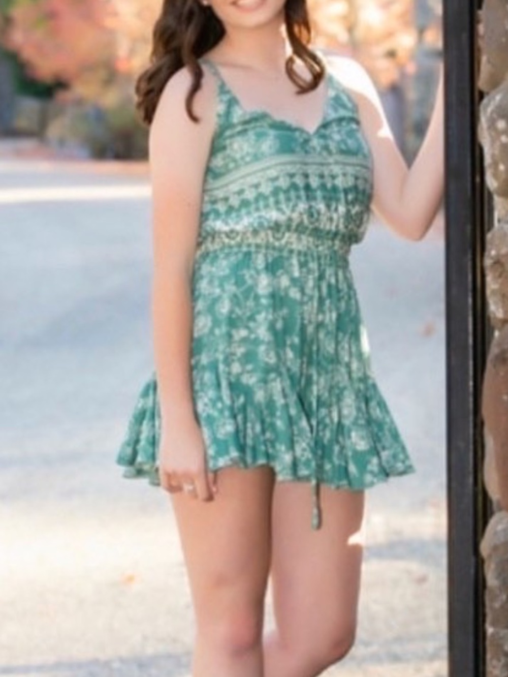 Skylar + Madison green, white patterned sleeveless romper, M